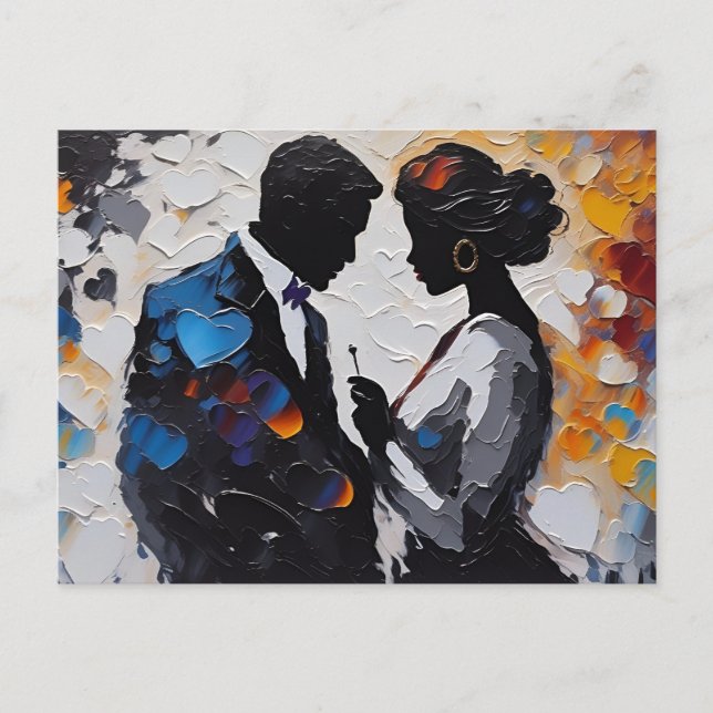 Abstract Couple in Love Amidst Colourful Hearts Postcard (Front)