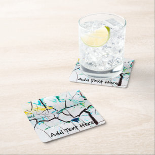 Abstract Cracks in Green, Yellow and Blue Square Paper Coaster