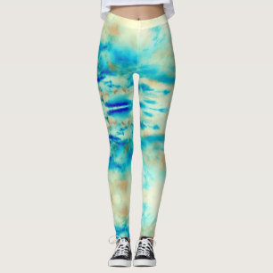 Abstract cream blue turquoise clouds leggings