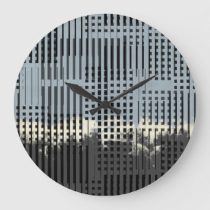 Abstract Cream, Teal, & Black Stripe Pattern Large Clock