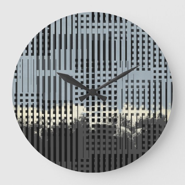 Abstract Cream, Teal, & Black Stripe Pattern Large Clock (Front)