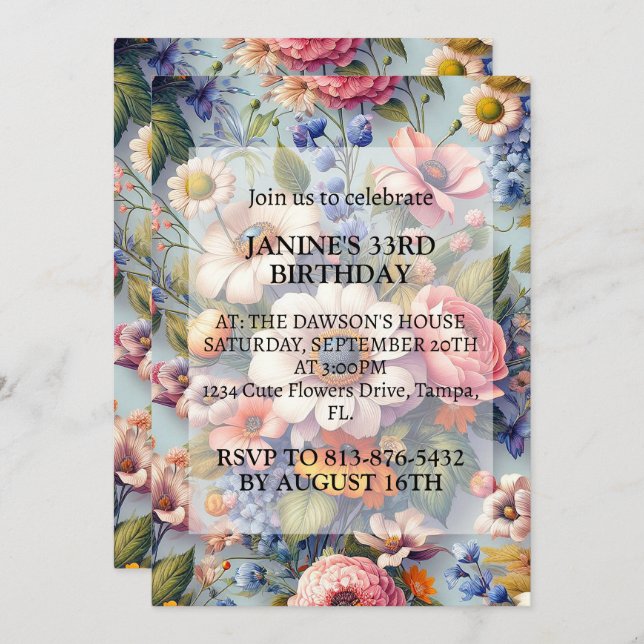 Abstract Creative Flower Art Birthday Party Invitation (Front/Back)