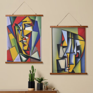 Abstract Cubist Portrait Wood Topped Wall Tapestry