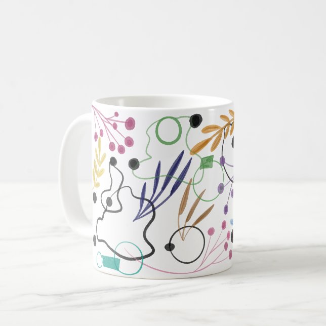 Abstract Curved Lines, Seeds Flowers & Leaves Coffee Mug (Front Left)