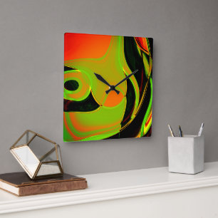 Abstract curves in lime green with orange bath     square wall clock