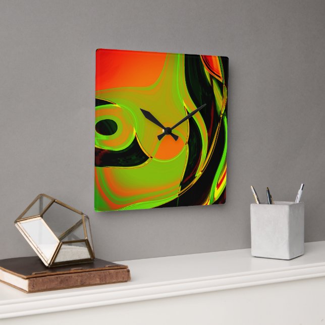 Abstract curves in lime green with orange bath     square wall clock (Office)