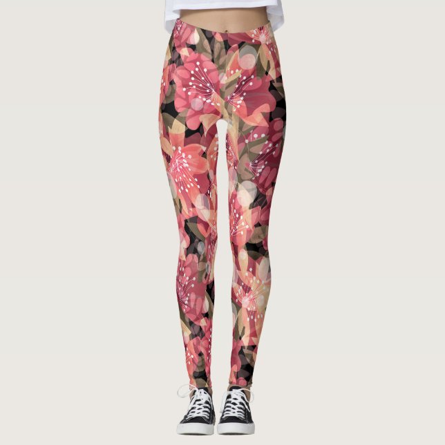 Abstract cute beautiful pink flowers floral design leggings (Front)
