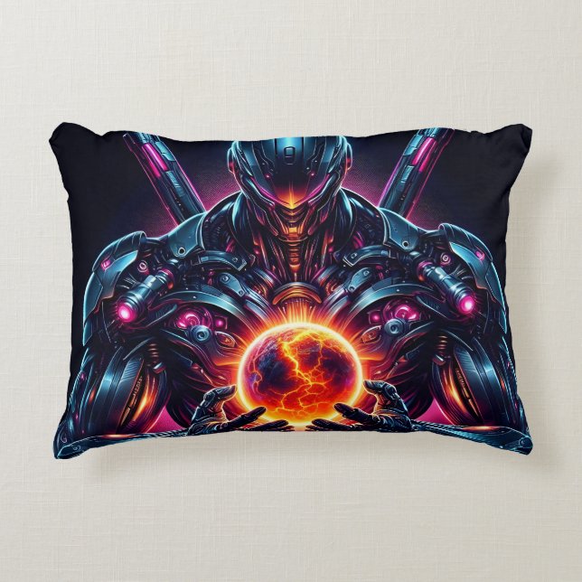 Abstract Cyber Cosmic Guardian Futuristic Robot Decorative Cushion (Front)
