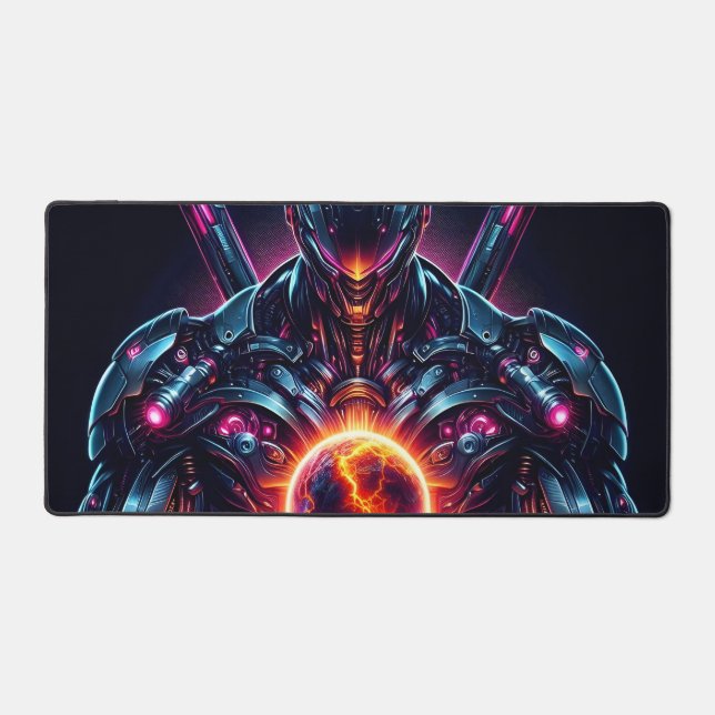 Abstract Cyber Cosmic Guardian Futuristic Robot Desk Mat (Front)