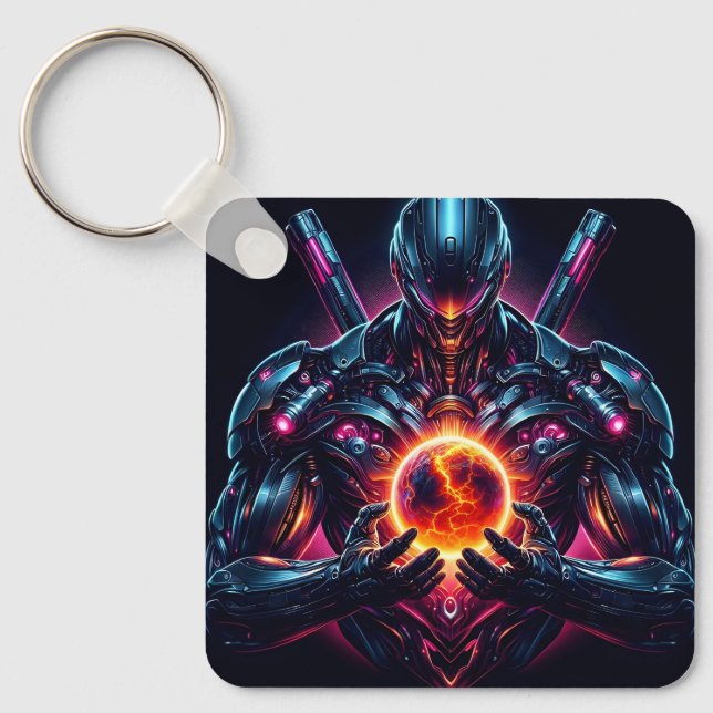 Abstract Cyber Cosmic Guardian Futuristic Robot Key Ring (Front)