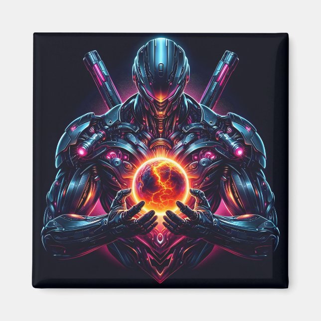 Abstract Cyber Cosmic Guardian Futuristic Robot Magnet (Front)