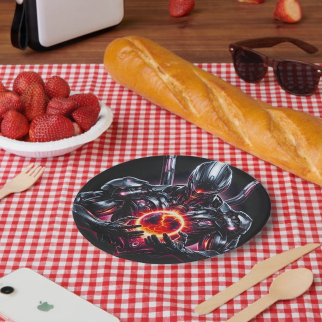 Abstract Cyber Cosmic Guardian Futuristic Robot Paper Plate (Picnic)