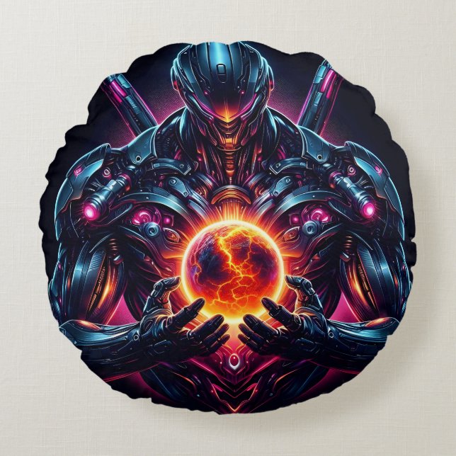 Abstract Cyber Cosmic Guardian Futuristic Robot Round Cushion (Front)
