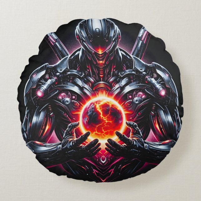 Abstract Cyber Cosmic Guardian Futuristic Robot Round Cushion (Front)