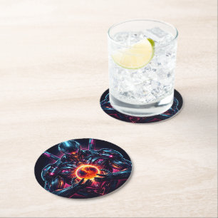 Abstract Cyber Cosmic Guardian Futuristic Robot Round Paper Coaster