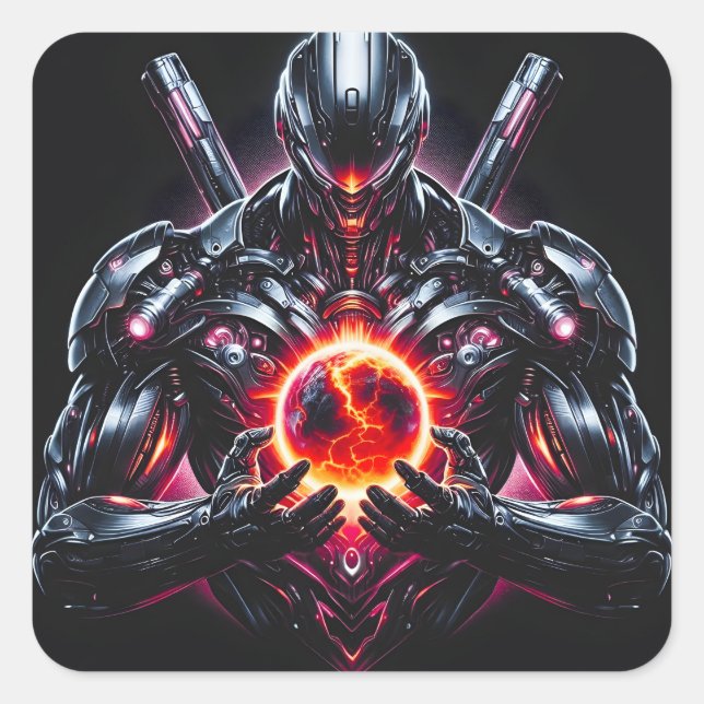 Abstract Cyber Cosmic Guardian Futuristic Robot Square Sticker (Front)