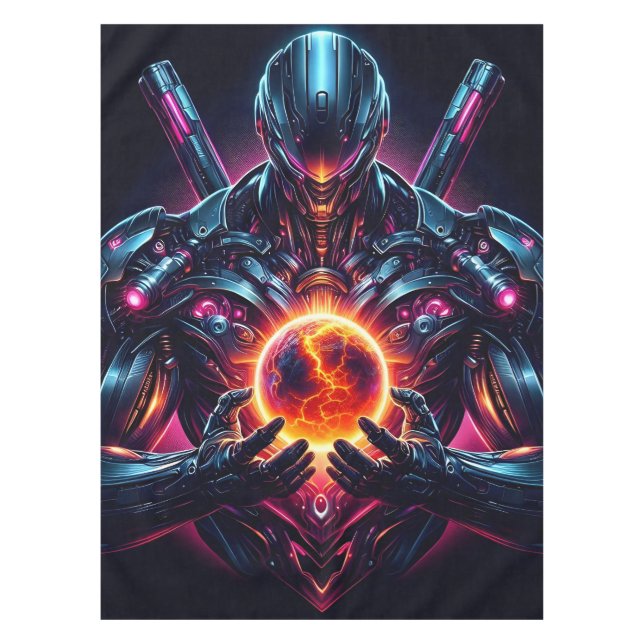 Abstract Cyber Cosmic Guardian Futuristic Robot Tablecloth (Front)