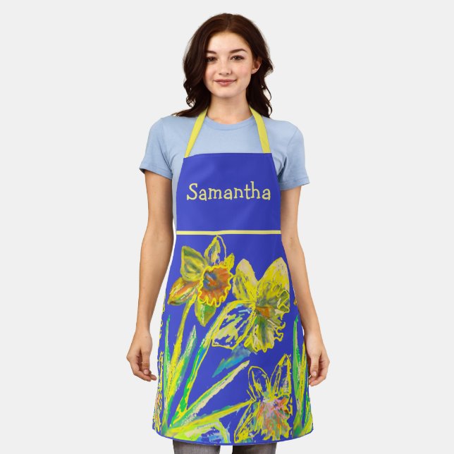 Abstract Daffodil Watercolor Yellow Flower Blue Apron (Worn)