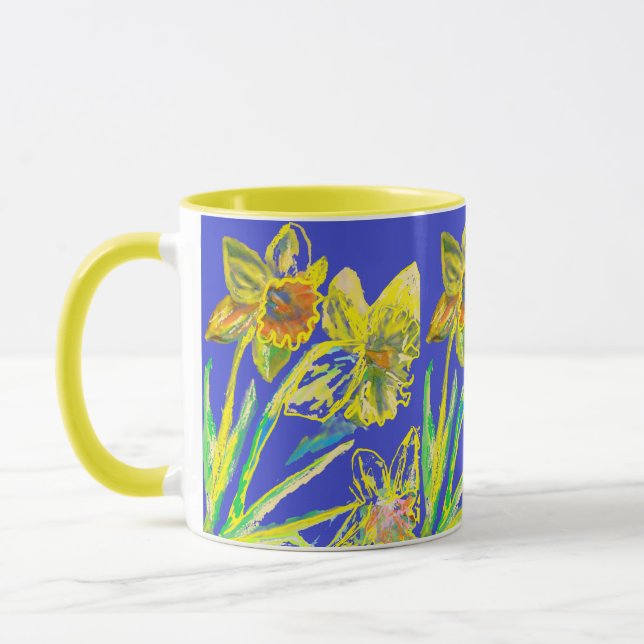 Abstract Daffodil Yellow Blue Flowers Floral Art Mug (Left)