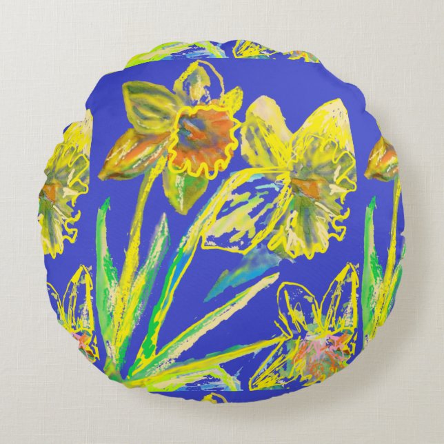 Abstract Daffodil Yellow Blue Flowers Floral Art  Round Cushion (Front)