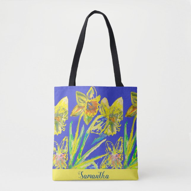 Abstract Daffodil Yellow Blue Flowers Floral Art T Tote Bag (Front)