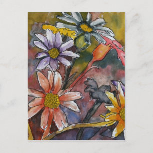 abstract daisy flowers watercolor painting art postcard