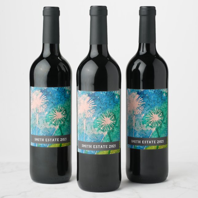 Abstract dandelion watercolor art wine label (Bottles)