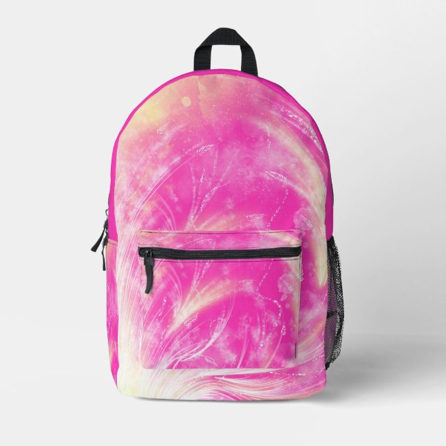 Abstract Dandelions & fireflies Pink Yellow Printed Backpack (Front)