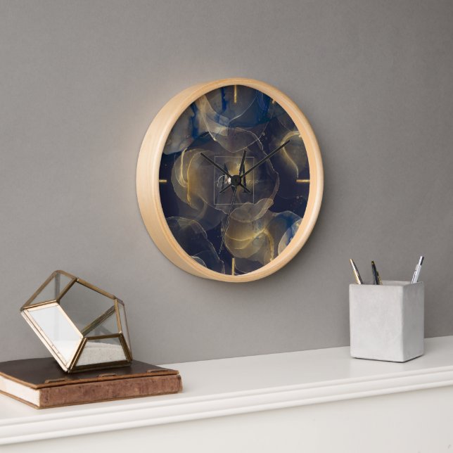 Abstract Dark Blue Gold Fluid Art Painting Clock (Office)