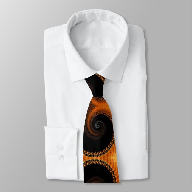 Abstract dark golden orange spiral fractal pattern tie (Tied)