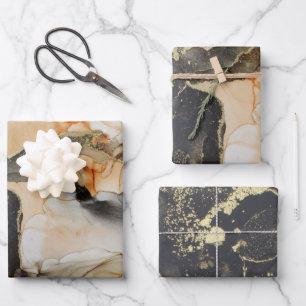 Abstract Dark Moody Black Gold Alcohol Ink Wrapping Paper Sheet