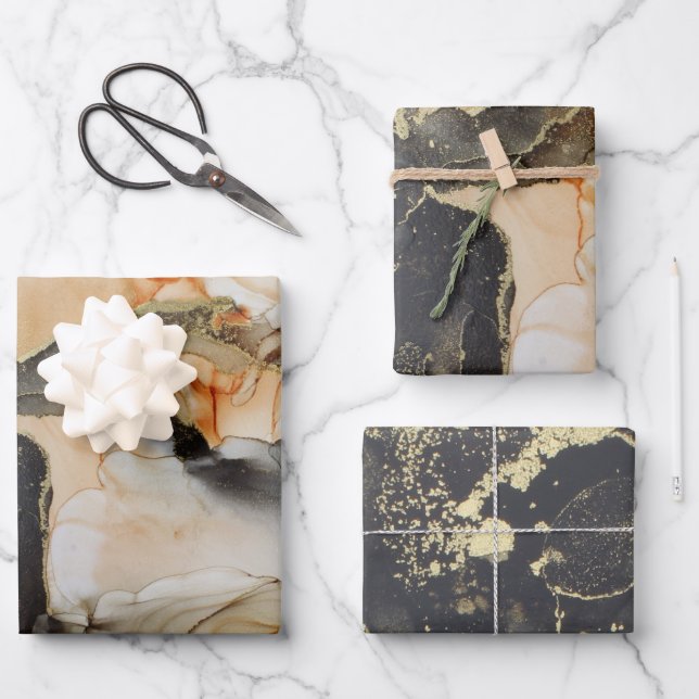 Abstract Dark Moody Black Gold Alcohol Ink Wrapping Paper Sheet (Front)