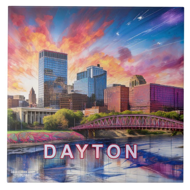 Abstract Dayton Skyline Art Modern City Tile (Front)