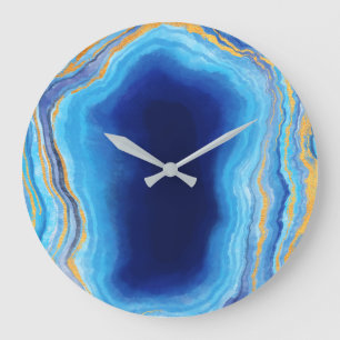 Abstract deep blue and gold marbleized geode large clock