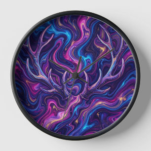 Abstract Deer Antler Cosmic Purple Art Clocks