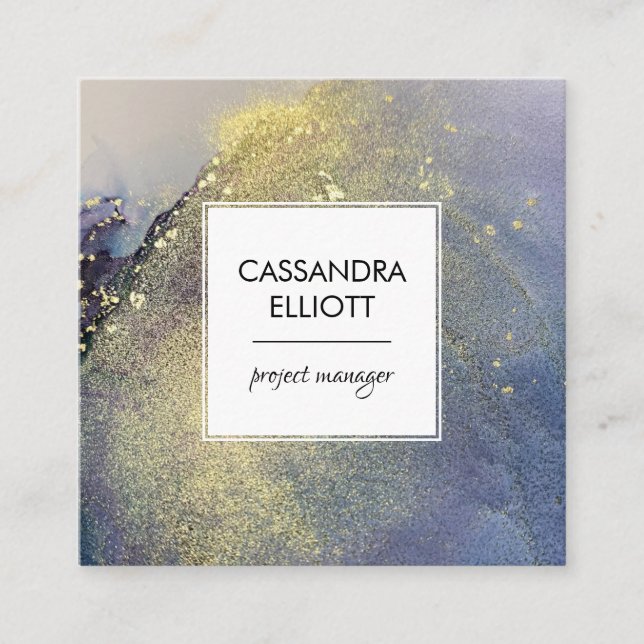 Abstract Denim Blue & Gold Alcohol Ink Liquid Art Square Business Card (Front)