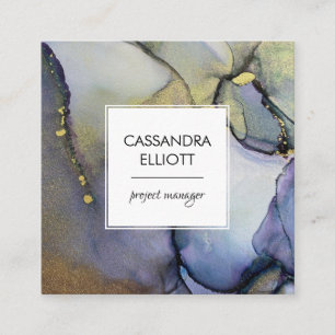 Abstract Denim Blue & Gold Alcohol Ink Liquid Art Square Business Card