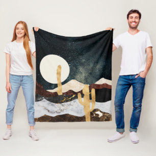 Abstract Desert Night Sky with Golden Cactus Fleece Blanket