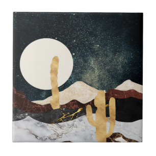 Abstract Desert Night Sky with Golden Cactus Tile