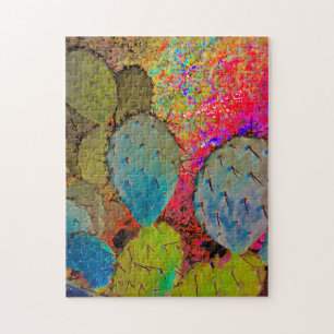 Abstract Desert Prickly Pear Cactus Red and Green Jigsaw Puzzle