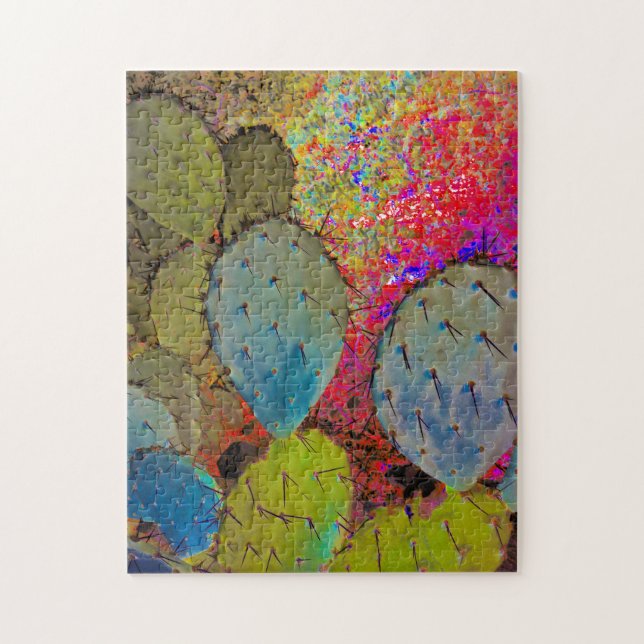 Abstract Desert Prickly Pear Cactus Red and Green Jigsaw Puzzle (Vertical)