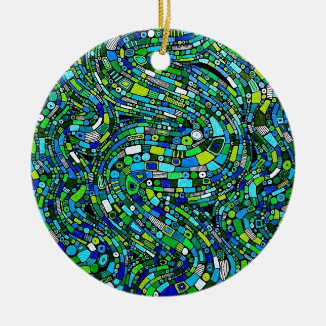 Abstract Design Blue Green Waves Shapes Ceramic Tree Decoration (Front)