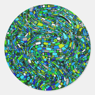 Abstract Design Blue Green Waves Shapes Classic Round Sticker