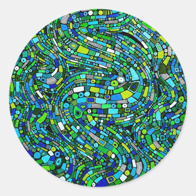 Abstract Design Blue Green Waves Shapes Classic Round Sticker (Front)