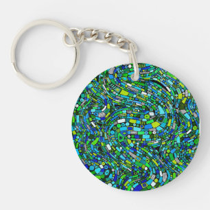 Abstract Design Blue Green Waves Shapes Key Ring
