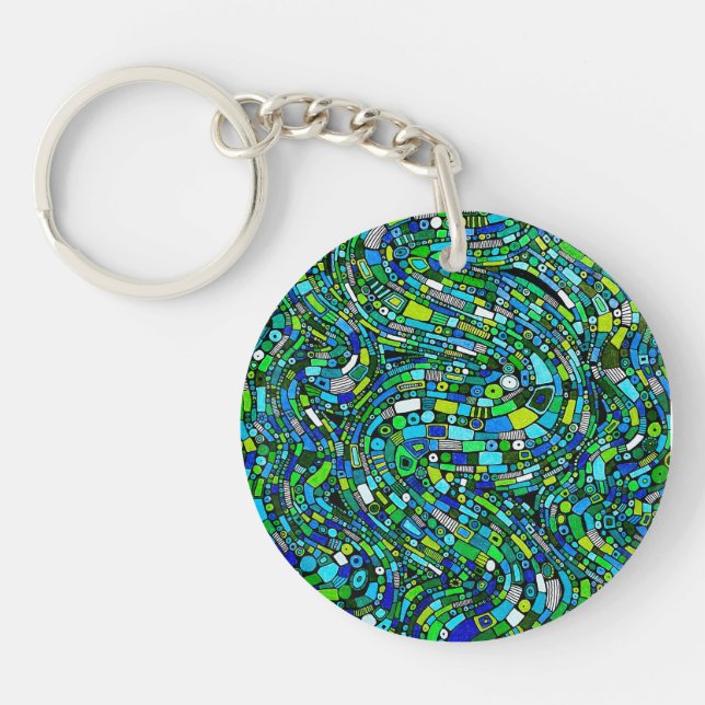 Abstract Design Blue Green Waves Shapes Key Ring (Front)