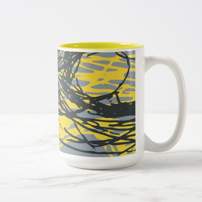 Abstract design in white, yellow and grey Two-Tone coffee mug (Right)