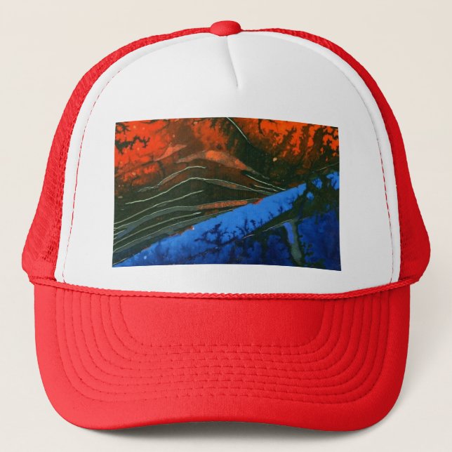Abstract design red and blue lava flow trucker hat (Front)