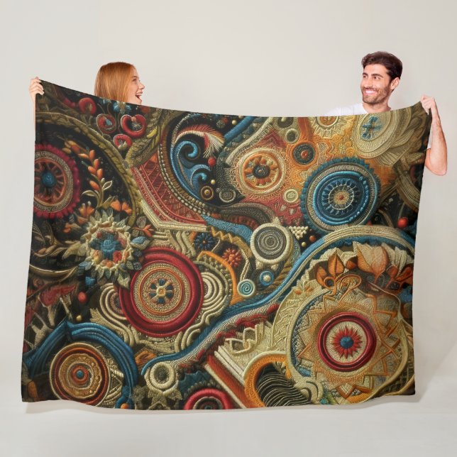 Abstract Design Red Blue Gold Green Fleece Blanket (In Situ)