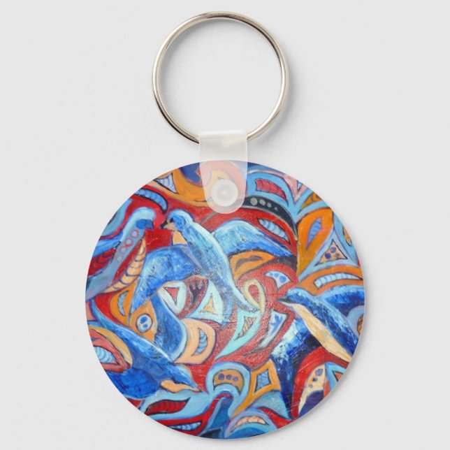 Abstract design with blue swallows with red accent key ring (Front)